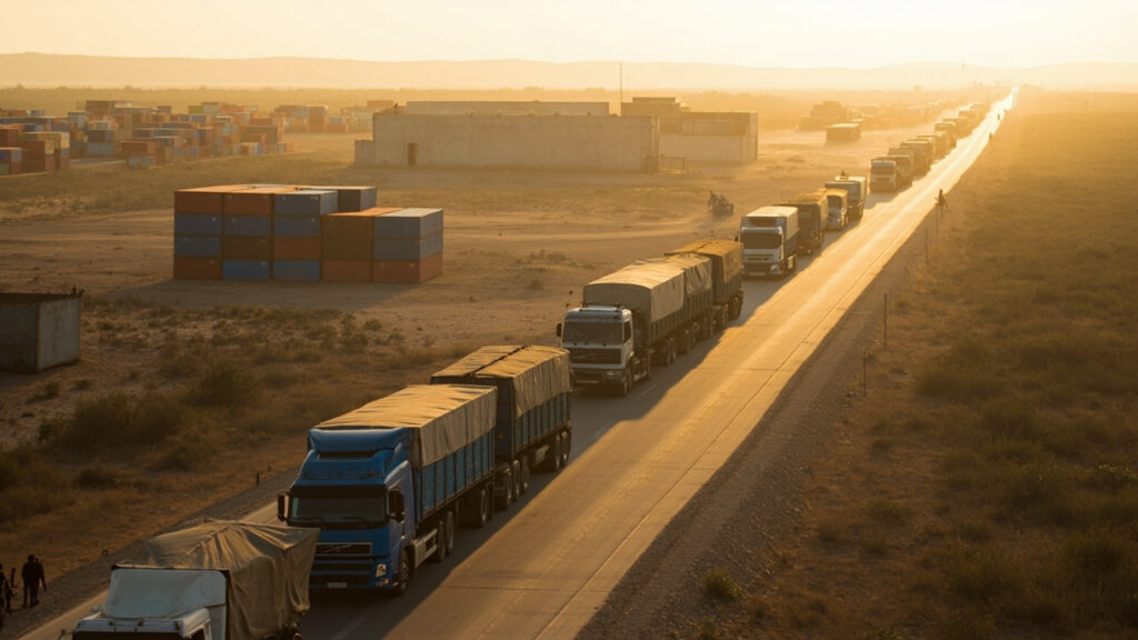 Cargo trucks lined up at a busy southern African border crossing, with a container yard visible in the background.