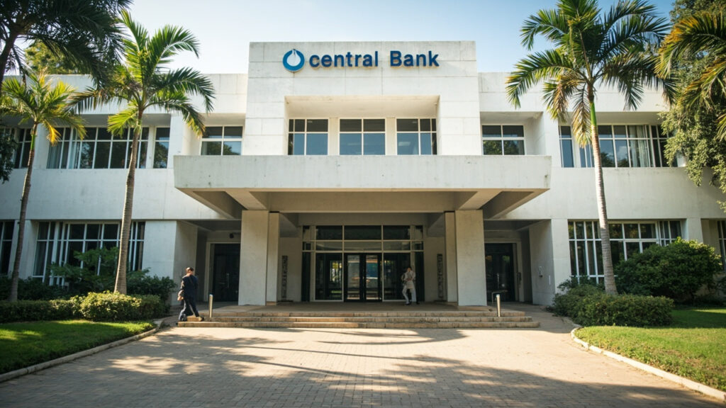 An exterior view of the Bank of South Sudan headquarters in Juba, showing a modern government building entrance with paved courtyard.