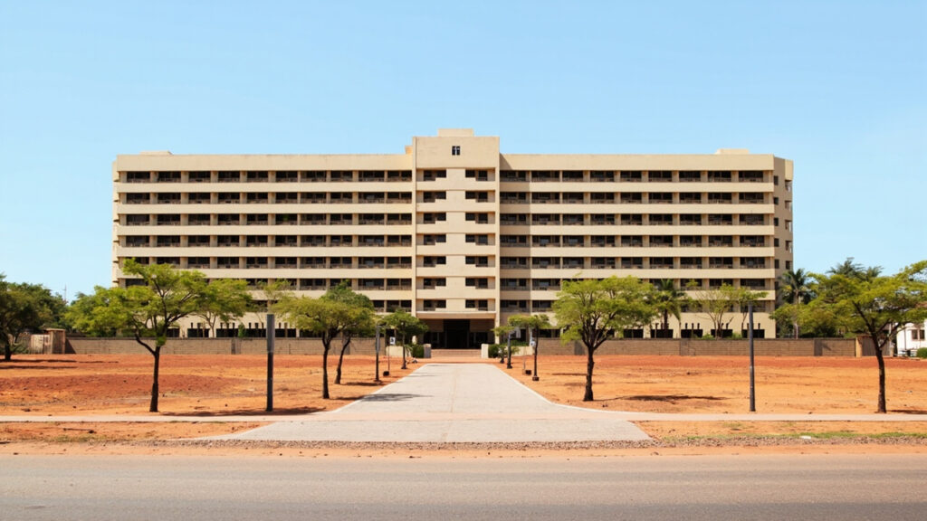 The exterior of the Bank of South Sudan headquarters building in Juba, South Sudan.