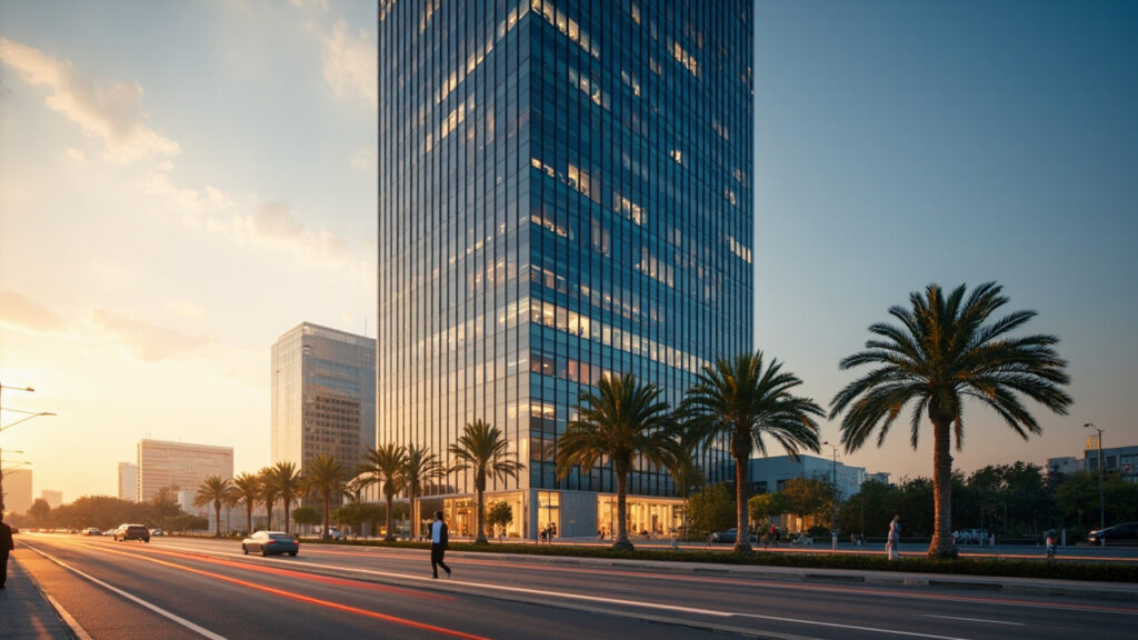 A modern glass-and-steel office tower in a North African financial district at dusk, with city lights reflecting off the facade.