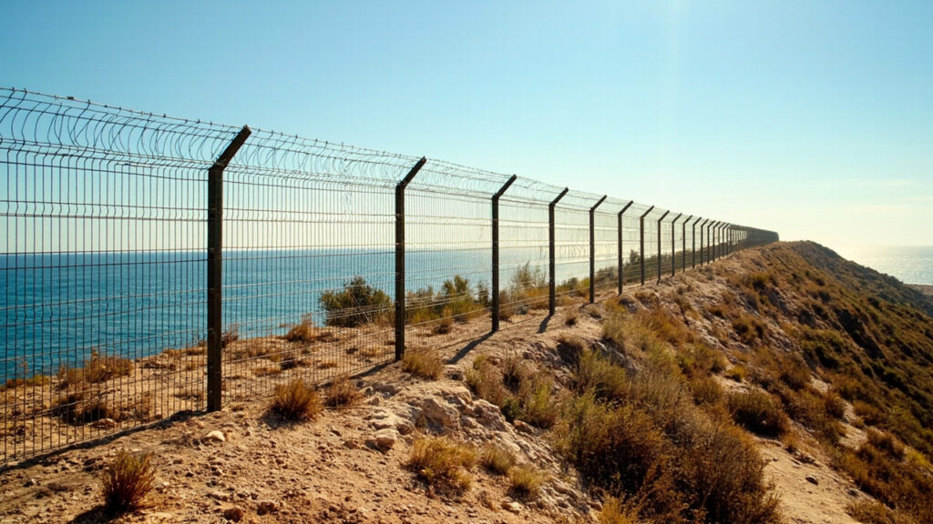 Tall border fencing cutting across a coastal landscape between two countries, with the sea visible in the background.