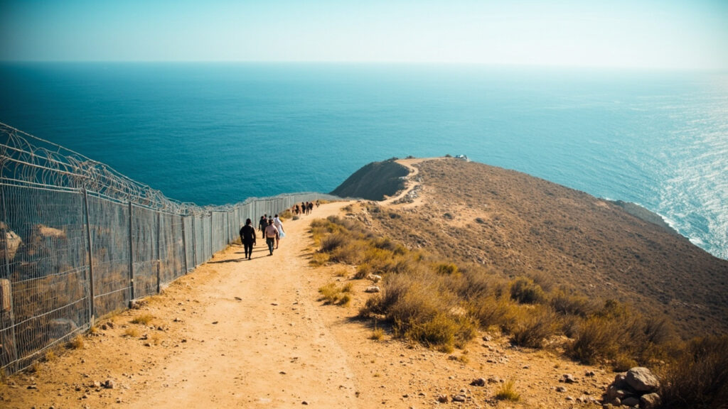 The fortified land border between the Spanish enclave of Ceuta and Morocco, with a tall fence running along rocky coastal terrain and the Me