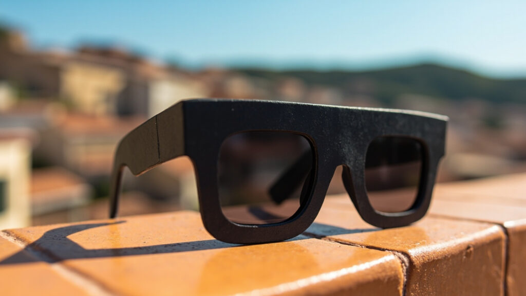 Plain eclipse glasses resting on terracotta tiles with a pale Spanish hillside town blurred in the background under a cloudless sky.