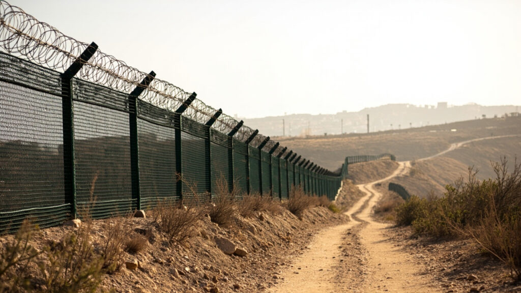 A section of the double border fence between Ceuta and Morocco, showing the layered barriers and surrounding arid terrain.