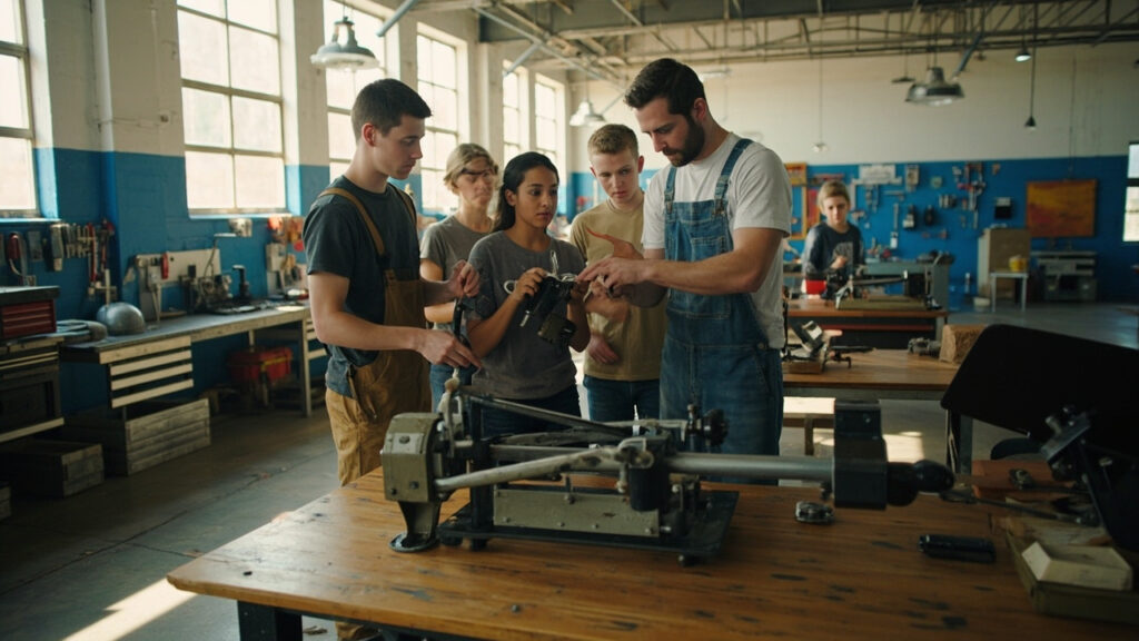 A vocational training workshop where young adults in workwear learn technical skills at workbenches with tools and machinery.