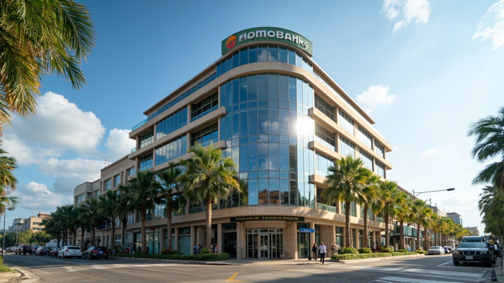 A modern bank branch exterior on a busy urban street in Maputo, with pedestrians and parked cars visible in front.