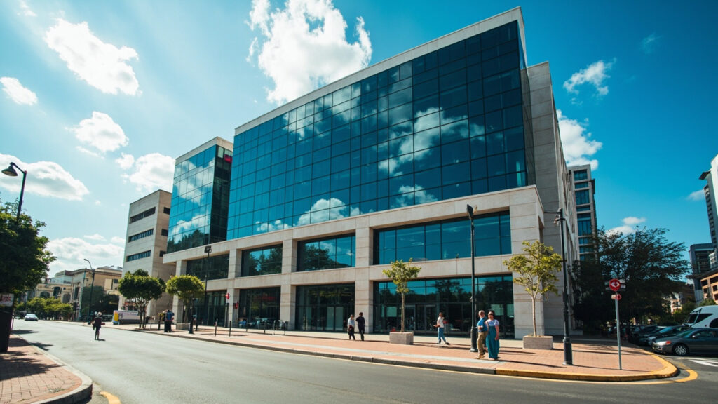 An exterior view of the Nairobi Securities Exchange building in the central business district of Nairobi, Kenya.
