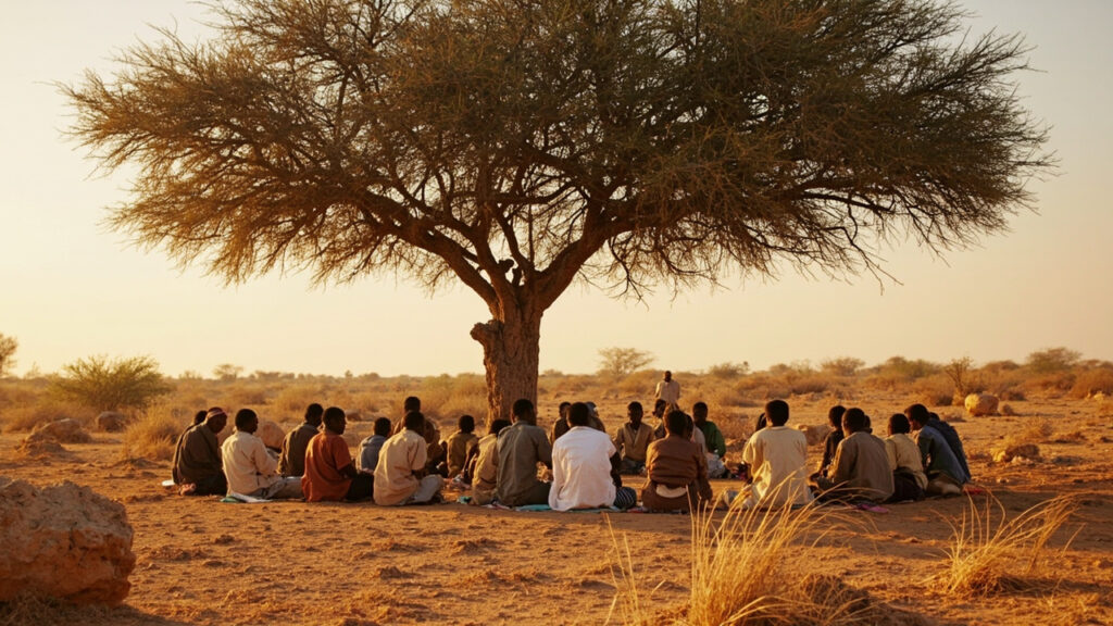 An open-air community gathering beneath a sprawling acacia tree on arid Darfur terrain.