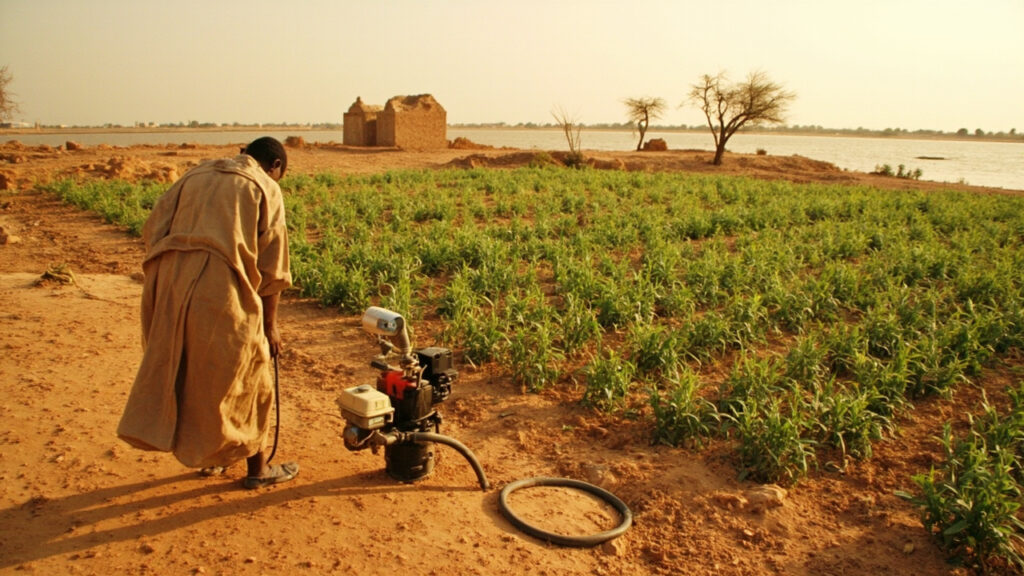 A farmer tending a sorghum field with irrigation equipment beside the Nile