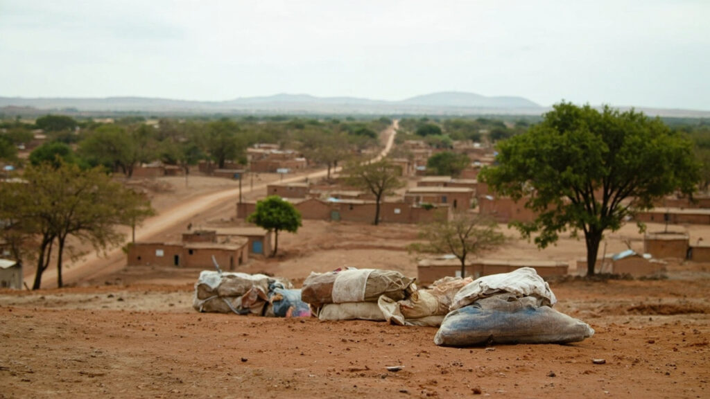 A wide landscape view of rural farmland and scattered homes in a Sudanese border region, with distant hills and overcast skies.