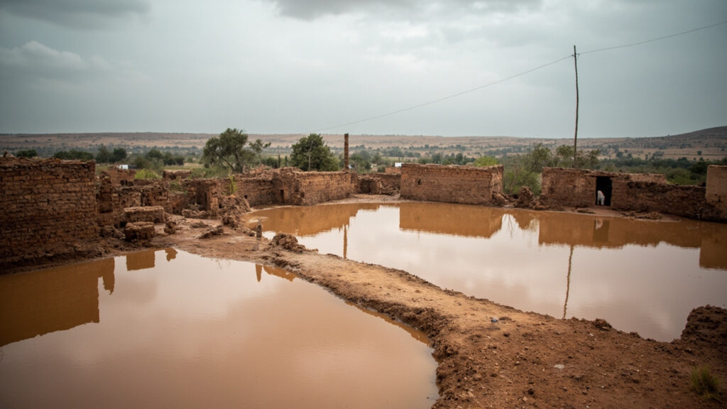 Flooded rural settlement with partially submerged mud-brick buildings near the Ethiopian border.