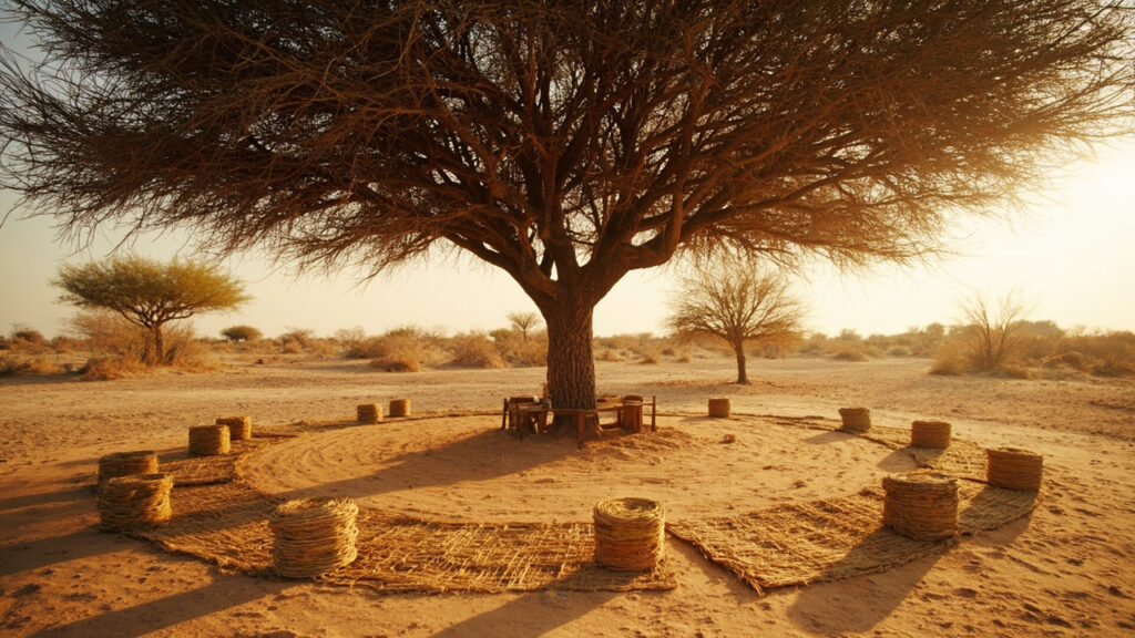 An empty traditional court gathering space beneath a large acacia tree in rural Darfur.