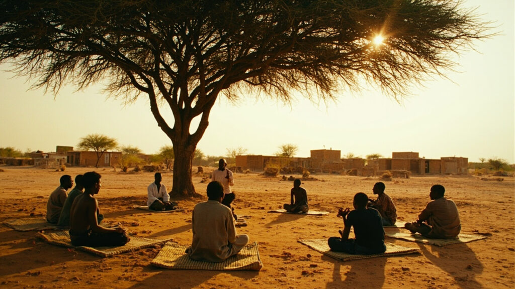 An arid rural village with scattered mud-brick structures and men seated beneath a large acacia tree on mats in dusty daylight.
