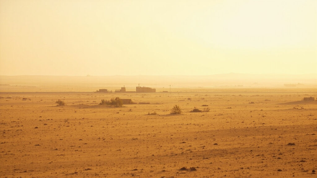 A wide landscape view of the arid plains around a small settlement in central Sudan, with low buildings and a dusty road under a hazy sky.