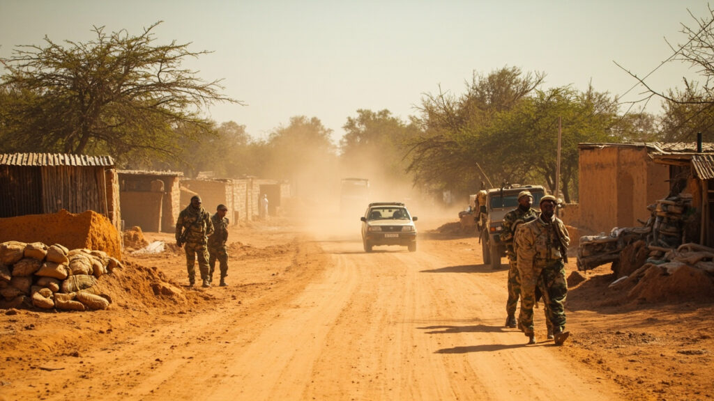 A dusty rural settlement in arid northeastern Nigeria with low buildings under a hazy sky, suggesting a remote military area.