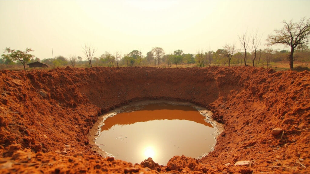 An abandoned artisanal mining pit with reddish-brown excavated earth and pooled water in a sparsely vegetated rural landscape.