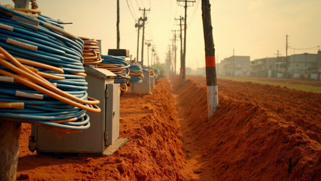 Fibre optic cable installation along wooden utility poles on the outskirts of Dar es Salaam.
