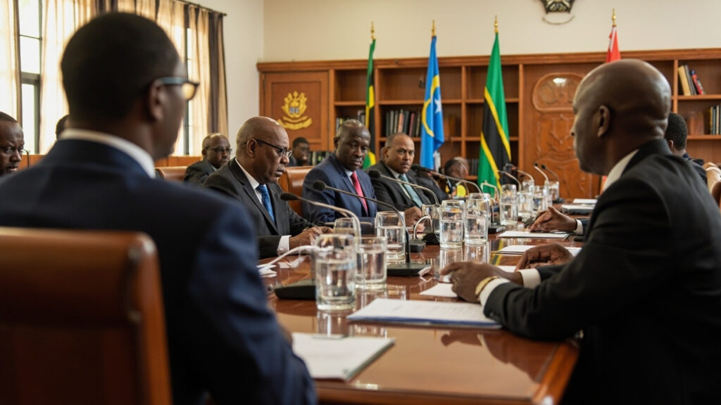 A formal government meeting room in Dodoma where officials preside over a regional handover ceremony
