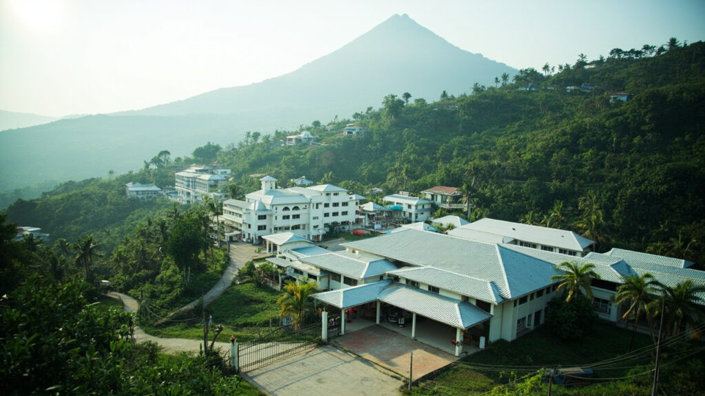 A view of a hospital building complex set on a green hillside, with a tall mountain peak visible in the hazy background.