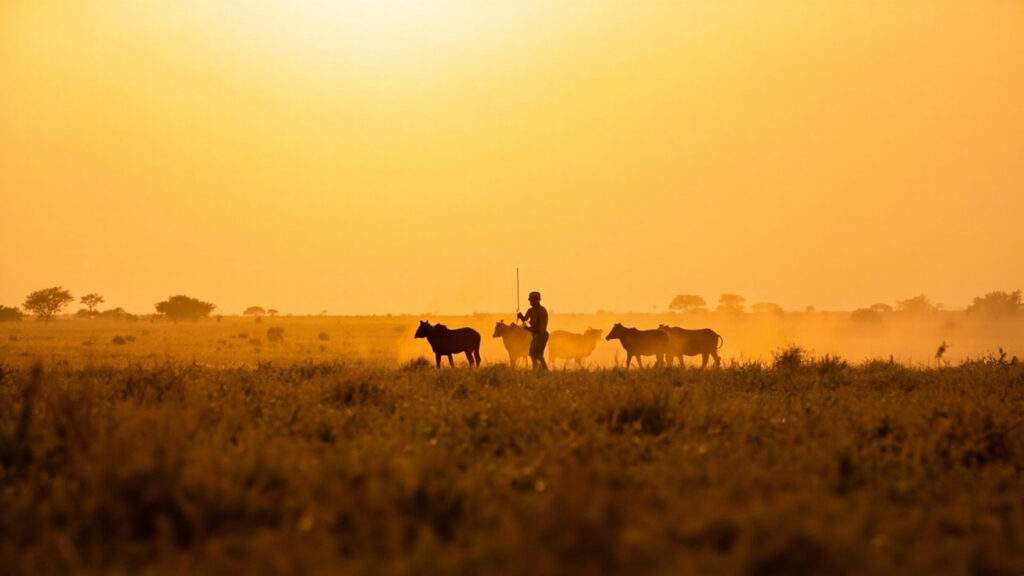 A pastoral herder tending a small herd of cattle in open East African grassland at golden hour.