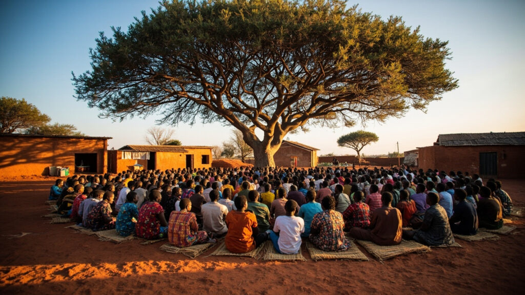 A community gathering under a large acacia tree in a rural Tanzanian village, with residents seated in a circle on the ground.