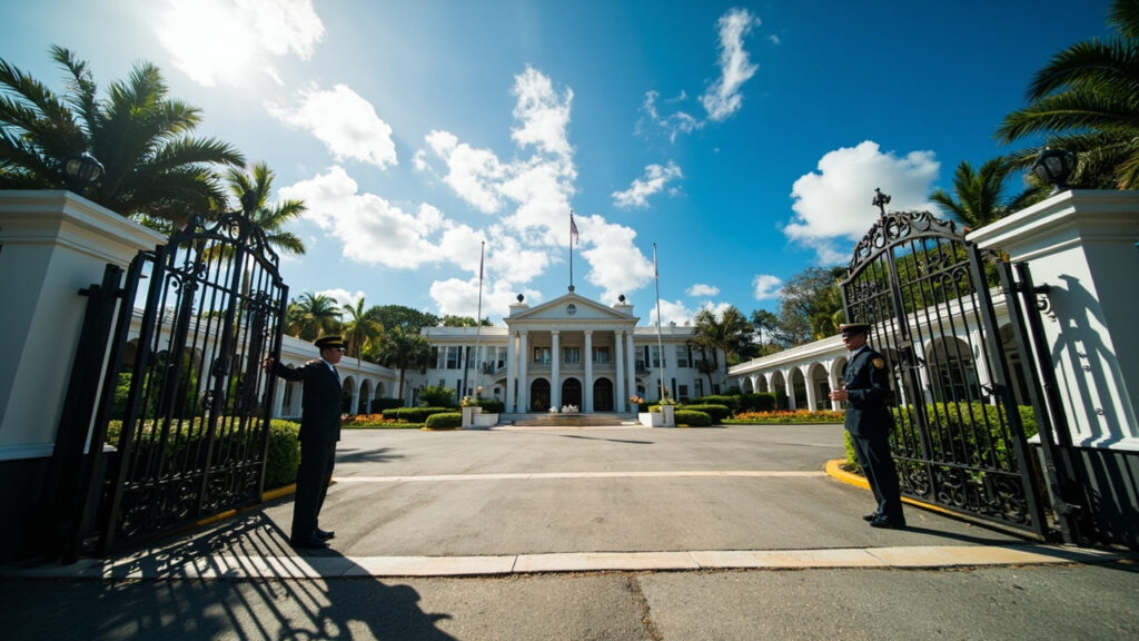 The exterior of an official government building with flags and a manicured entrance in an East African capital.