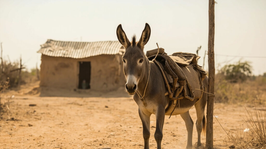 A donkey with wooden panniers standing near a mud-walled homestead in a dry, dusty rural landscape in northern Kenya.
