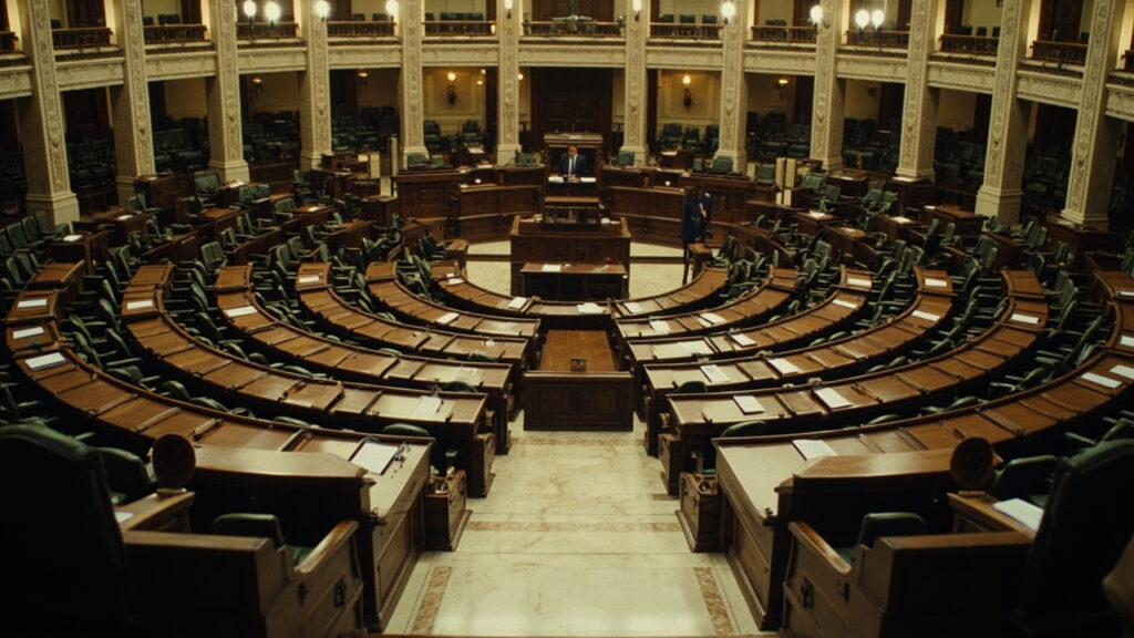 A wide interior view of a legislative debating chamber with curved wooden desks and empty seats arranged in rows.