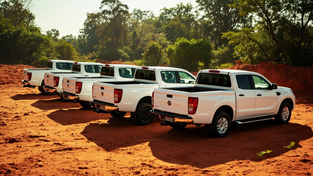 A row of new white pickup trucks parked side by side on a dirt clearing.