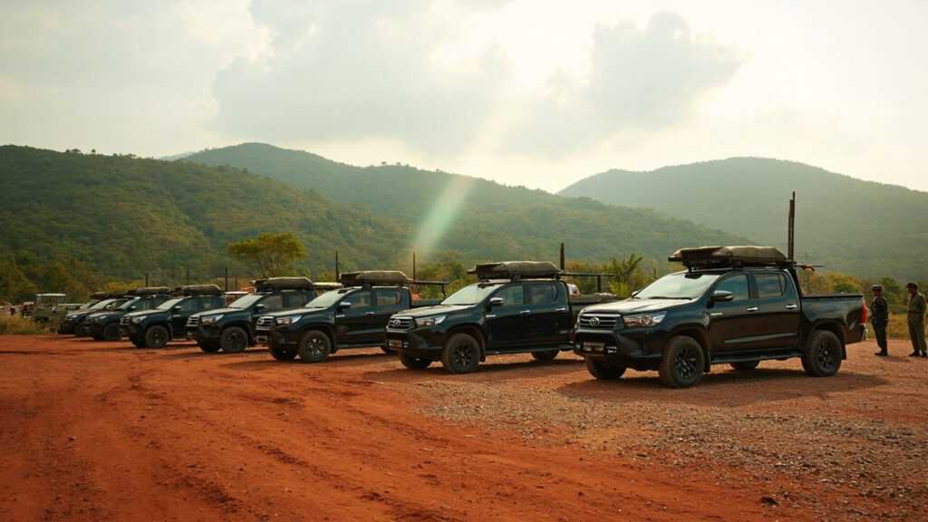 A row of new utility pickup trucks parked in a dusty clearing near a military encampment, with figures in uniform standing beside them.