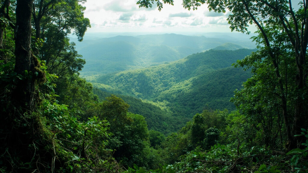 Dense tropical rainforest covering rolling hills in the borderlands of eastern DRC.