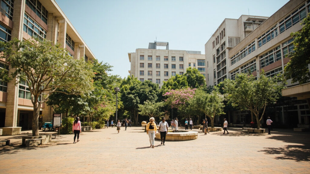 A wide view of a modern public university campus in Nairobi with multi-storey academic buildings and students walking on paved paths.
