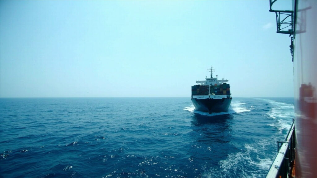 A photograph of a large commercial cargo ship sailing on open ocean waters with crew members visible on deck.