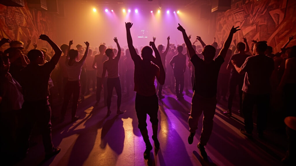 A packed nightclub dance floor lit by coloured stage lights, with silhouetted dancers in mid-motion.