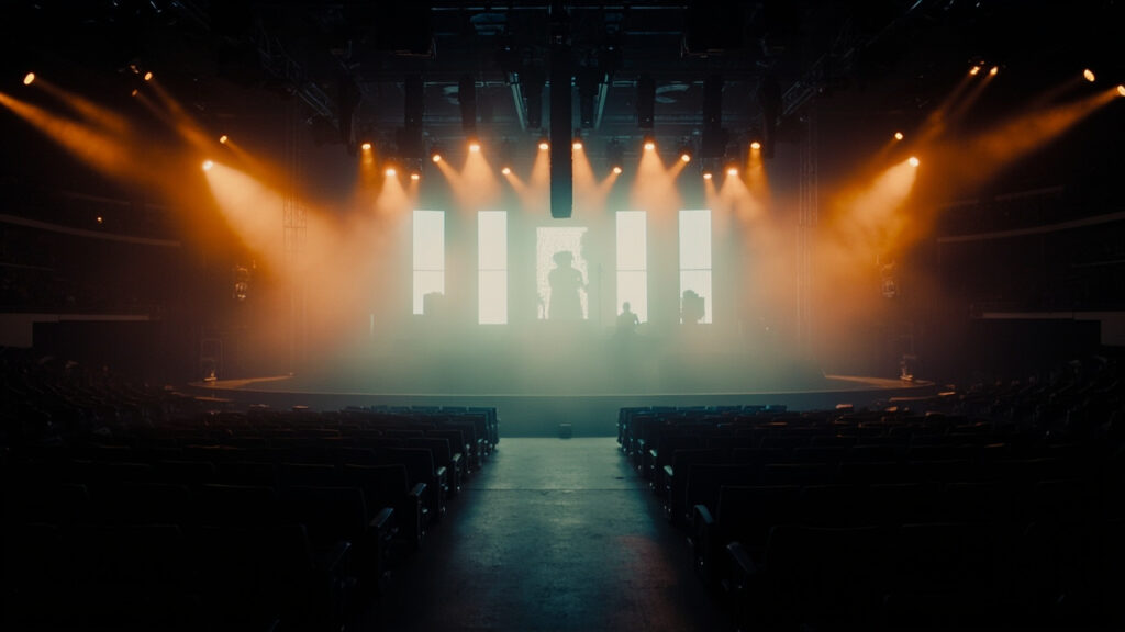 Wide view from mid-audience of an empty modern concert arena, stage lit by spotlights with glowing backdrop panels, no text or branding visi