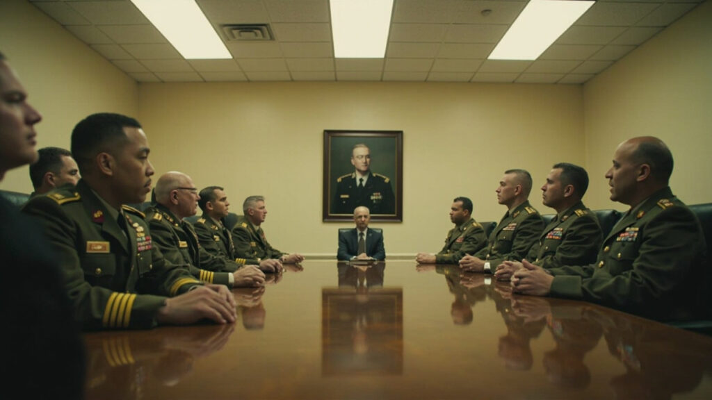 A formal indoor meeting between uniformed military officers seated across a polished conference table.