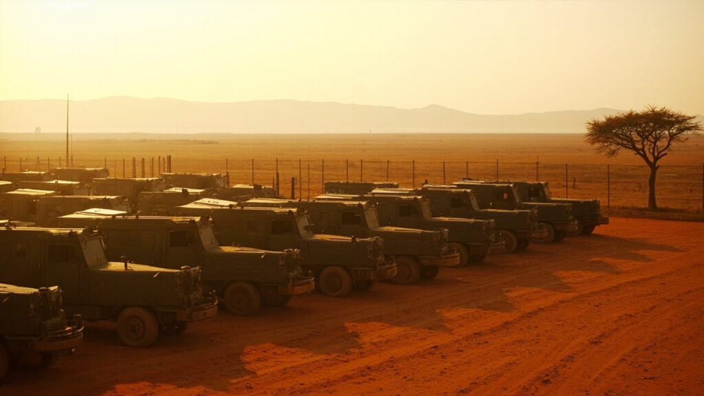 Tactical military vehicles parked at an outdoor training ground in East African terrain.