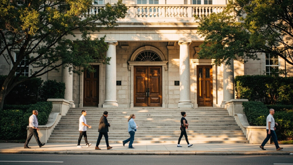Exterior view of a formal court building with stone columns and a wide staircase, with pedestrians walking past, suggesting a judicial setti