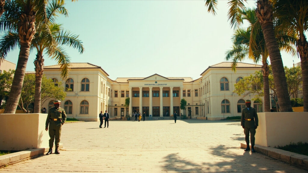 A government ministry building entrance in an East African capital, with uniformed security personnel visible at the gate during daytime.