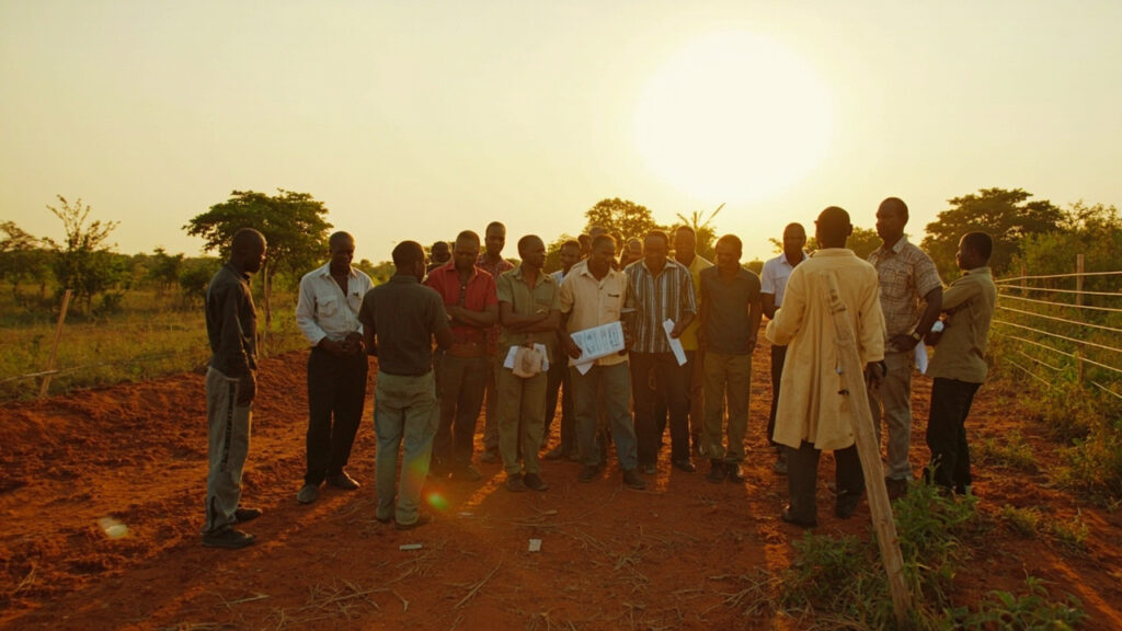 A group of professional drivers gathered outdoors near a fenced rural plot of land, with some holding documents.