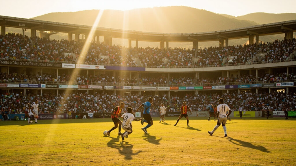 Football match in progress at a Ugandan stadium with players contesting possession on the pitch and spectators filling the terraces.