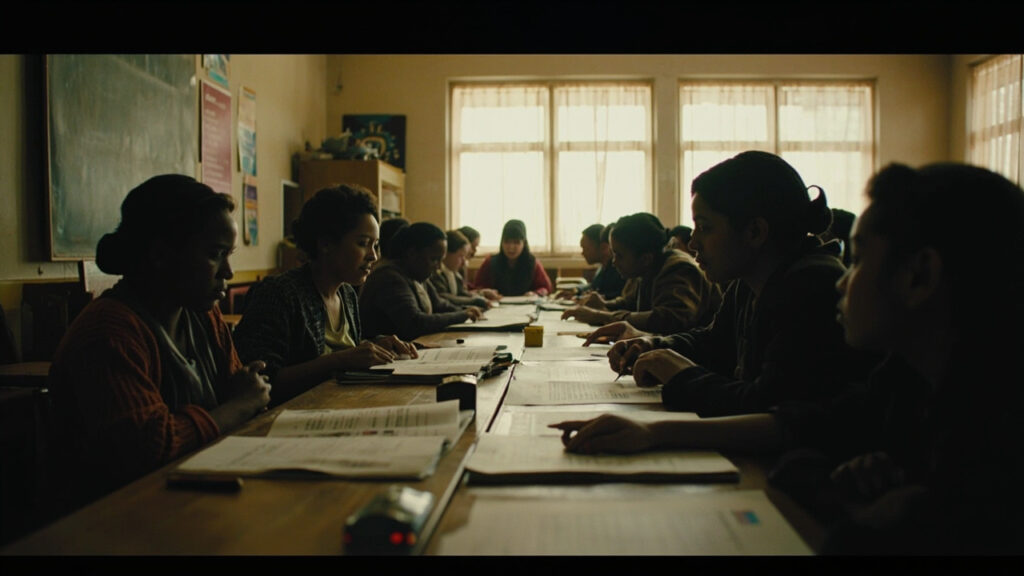 A classroom setting where adults learn to read and write, with open books and writing materials on a wooden table.