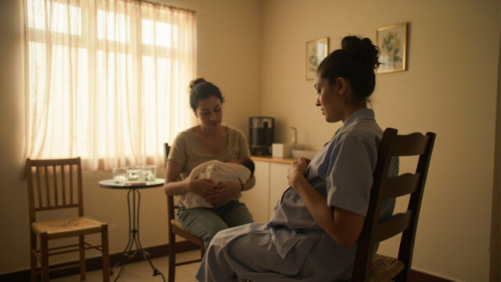 A healthcare worker in a maternal clinic gently supports a mother holding her swaddled infant in a clean, softly lit room.