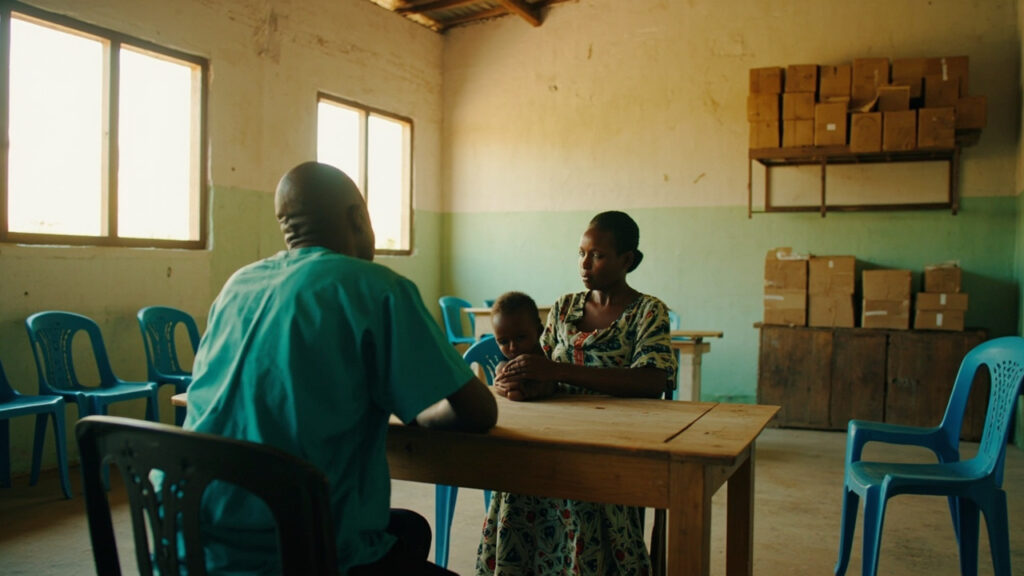 A health worker seated at a clinic table attending to a mother and small child, with simple medical supplies on a shelf in the background.