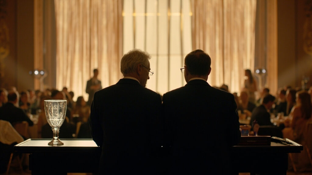 A glass trophy on a dark table at a formal awards ceremony, with two suited delegates in the foreground and a softly lit audience behind the