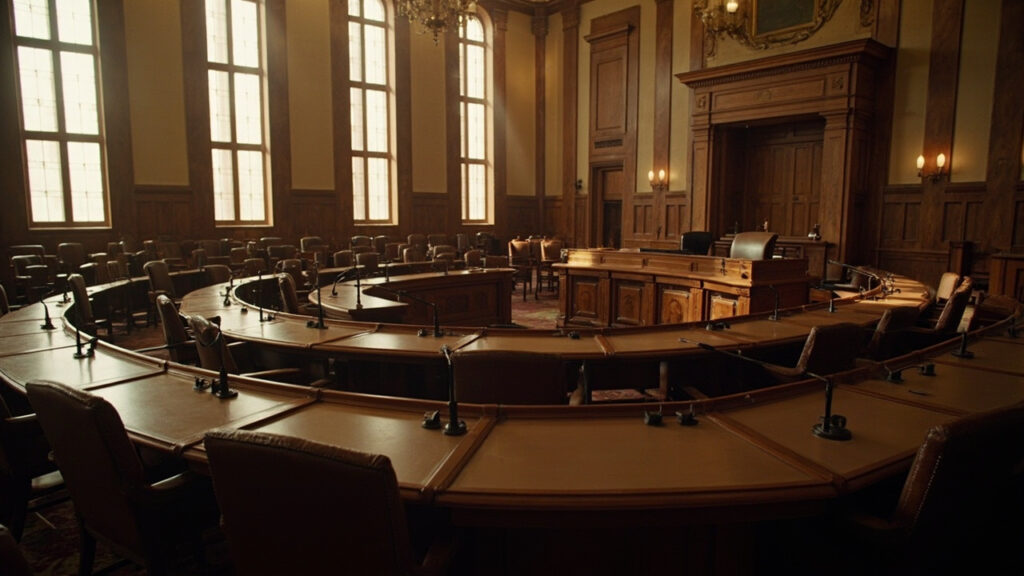 An empty congressional hearing room with rows of polished wooden desks arranged in semicircles facing a central podium, lit by soft daylight