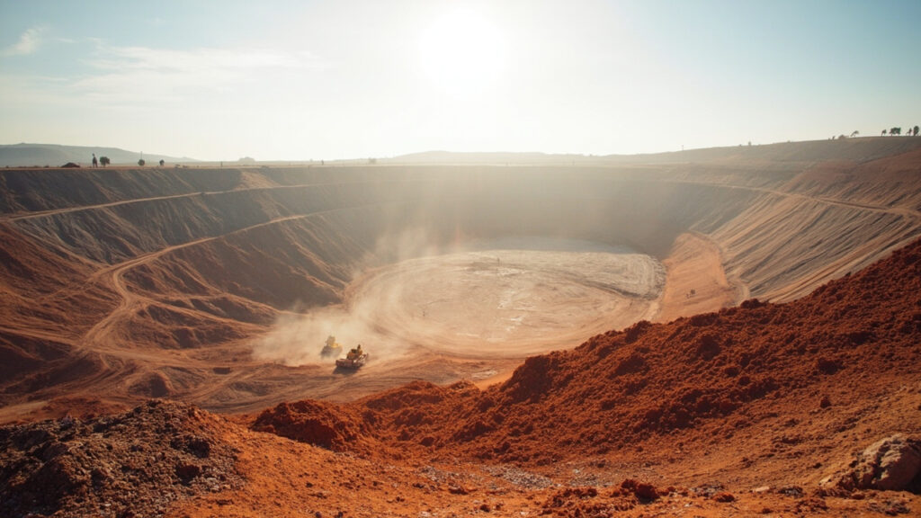 An open-pit copper and cobalt mining operation in the DRC, with excavators, haul trucks and reddish-brown tailings stretching across the lan