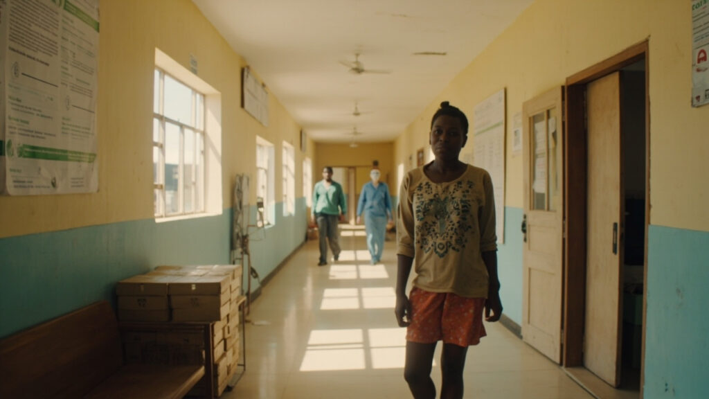 A community health clinic in South Africa with medical supplies and informational posters visible on the walls.