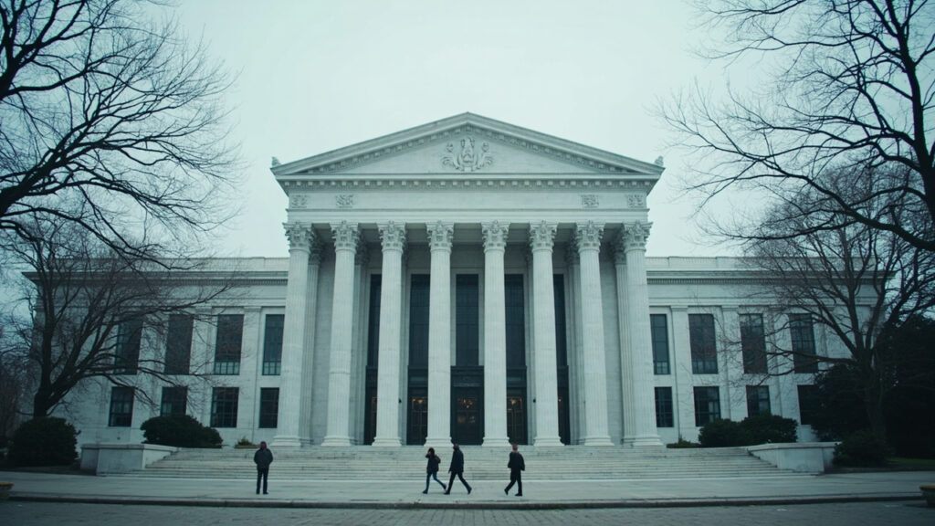 An exterior view of a US federal government building with people walking across the plaza, evoking immigration and asylum policy.