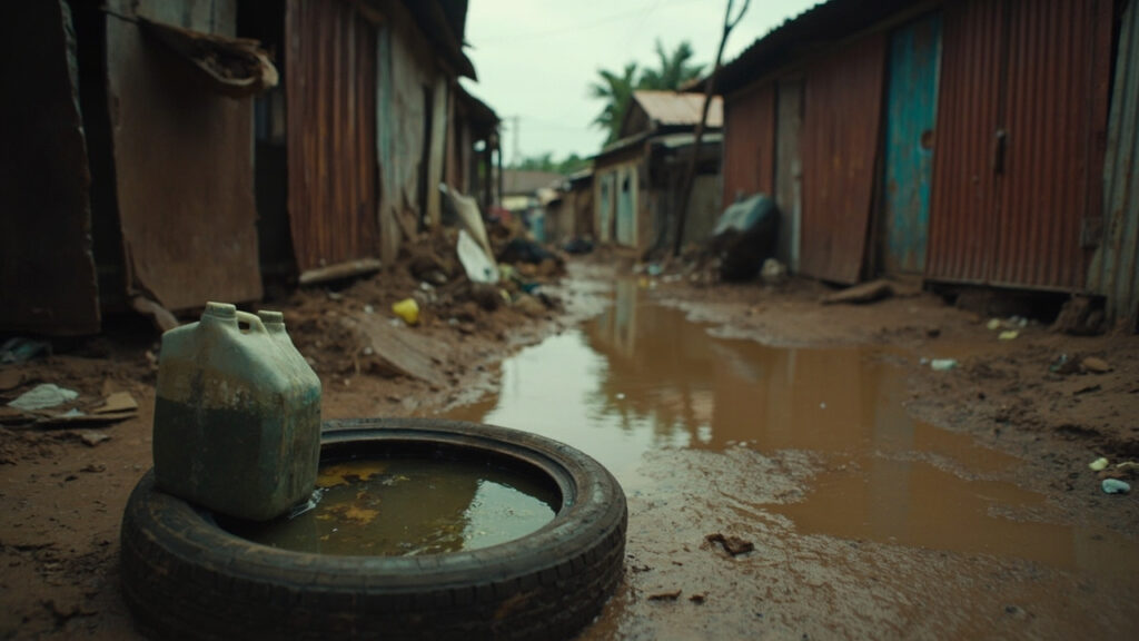 Discarded containers holding stagnant rainwater in an informal urban settlement, illustrating typical Aedes mosquito breeding sites.